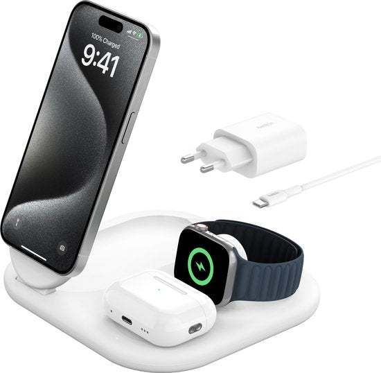 Belkin 3-in-1-Wireless-Ladegerät mit Qi2 15 W – MagSafe-kompatibel – Weiß