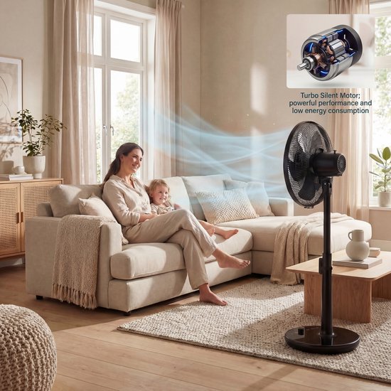 Princess DC Standventilator – besonders leise – ⌀40 cm – 24 Geschwindigkeitsstufen – Höhenverstellbar – 4 Windmodi – 1–24-Stunden-Timer – 90°-Oszillation – Mit Fernbedienung – 354860