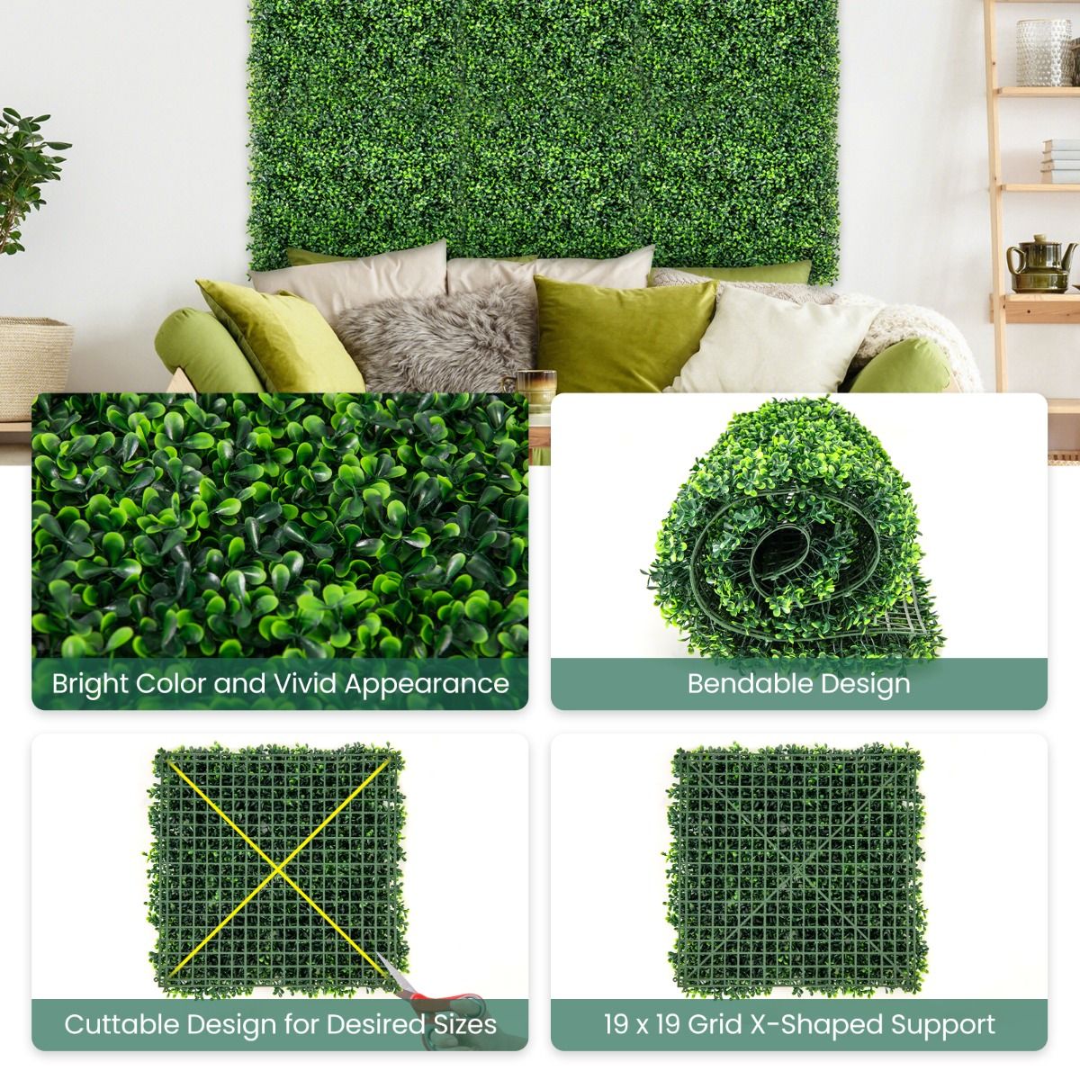 Coast Artificial Grass Wall Panels 12 Stück 50 x 50 cm Grün - Imitation Gardenia Topiary für Privatsphäre und Dekoration