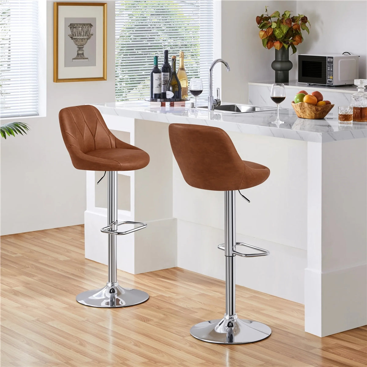 Yaheetech 2er-Set verstellbare Barhocker / Barstühle 86–107,5 cm – stilvolles Braun – Kunstleder und Metall