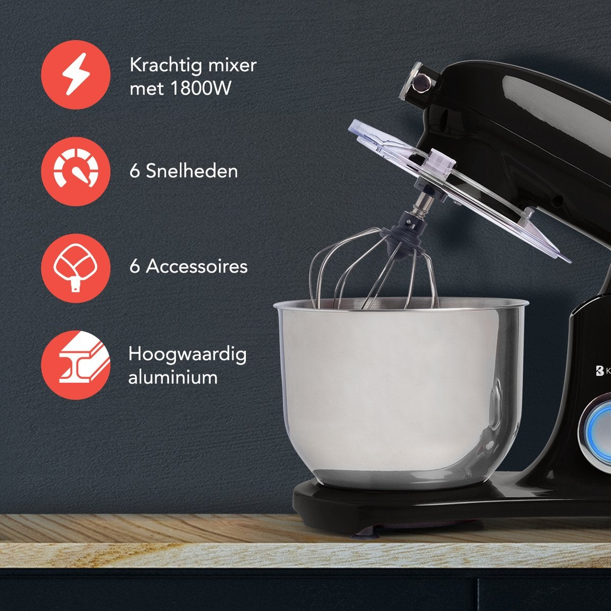 KitchenBrothers Küchenmaschine - Küchenmixer mit 6-Liter-Edelstahl-Mixtopf - 1800W - Schwarz