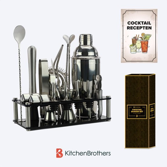 KitchenBrothers Cocktail Set mit Cocktail Shaker - 24 Teile - Umfassendes Set - Geschenkverpackung - Schwarz/Acryl