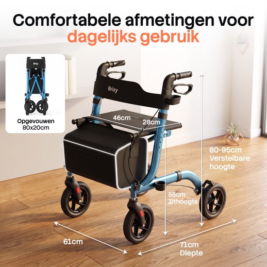 Brixy Rollator – Leicht & zusammenklappbar – 360°-Gummiräder – Sitzfunktion – Für drinnen und draußen – Rückenlehne, Tasche & Gehstockhalter – Blau