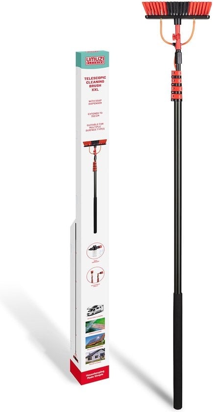 Umuzi Cleaning - Teleskop Waschbürste - 7m - Mit Seifenspender & Zubehör - Schwarz/Rot