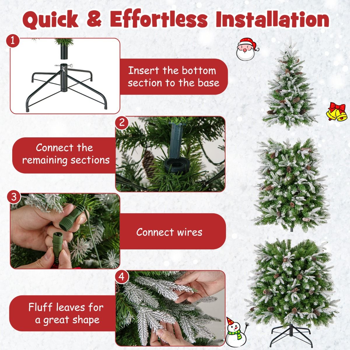 Coast Künstlicher Weihnachtsbaum 225 cm Grün/Weiß - Vorbeleuchtet mit Warm White LED - Scharnierkonstruktion - 913 Zweige - Mit Schnee und Tannenzapfen