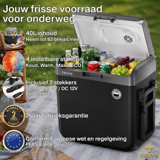Toivo Elektrische Kühlbox – 40 Liter – 12 V und 230 Volt – Auto – Camping-Kühlschrank – Kühlen und Heizen – Frigobox – Schwarz