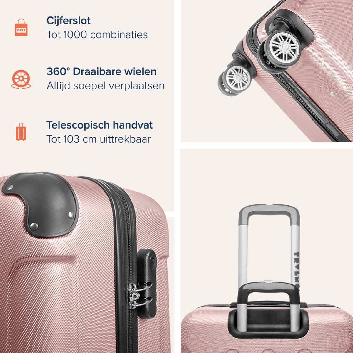 TRVLMORE - Kofferset - 3 Stück - 38L (Handgepäck) + 70L + 110L - Rose Gold
