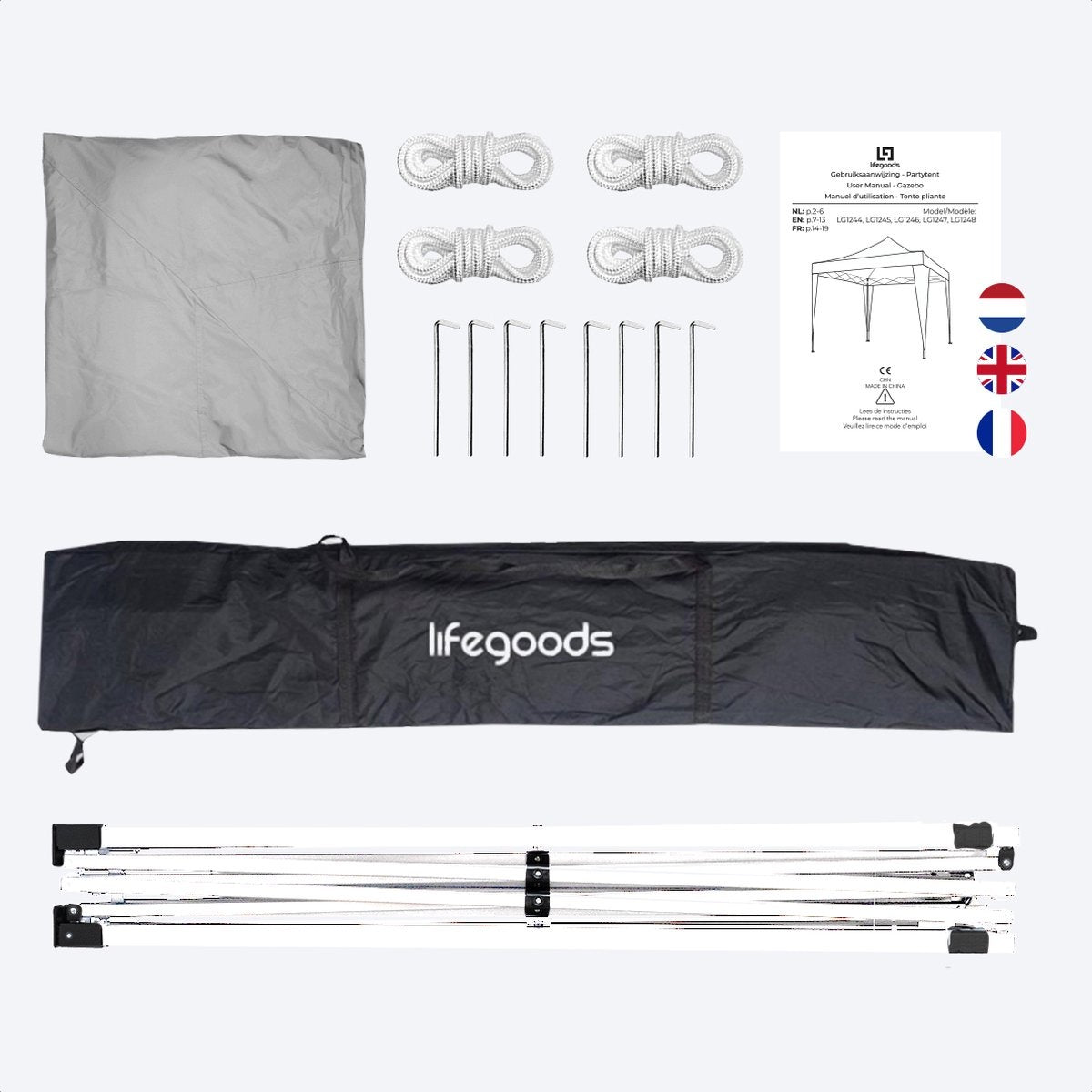 LifeGoods Partyzelt - Pavillon - 3x3 m - leicht aufbaubar - faltbar - wasserdicht - Tragetasche mit Rädern - grau