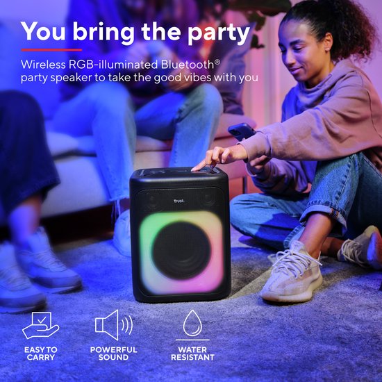 Trust Azura – Bluetooth-Lautsprecher – Partybox – Kabellos – RGB-Beleuchtung – Bis zu 11 Stunden Akkulaufzeit – Schwarz