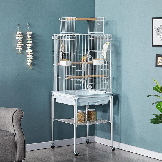 Yaheetech Vogelkäfig für Wellensittiche, Kanarienvögel und Papageien – mit Ständer, Spielzeug und Stauraum – Weiß – 46,5 x 46,5 x 136 cm