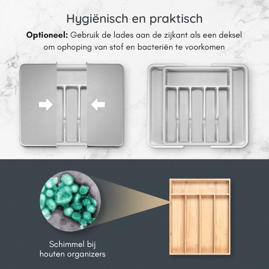 Deleca Ausziehbarer Besteckkasten mit 8 Fächern - Besteckschubladenorganisation - Küchenschubladenbesteckorganisation - Besteckhalter Küche - 57 x 38 cm - Kunststoff / Weiß Grau