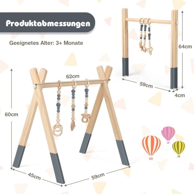 Coast Baby-Klettergerüst aus Holz – 3 Hängespielzeuge – 60 x 44 x 60 cm – Grün, Grau und Rosa