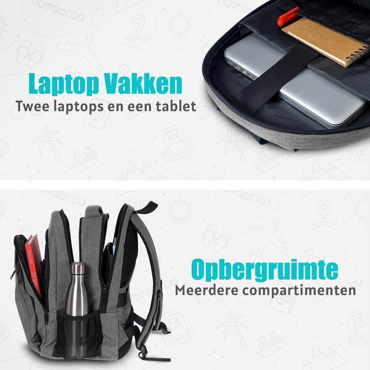 TRVLMORE Rucksack - 28L - 15.6 Zoll - Laptop-Rucksack - Schultasche - Unisex - Spritzwassergeschützt Grau