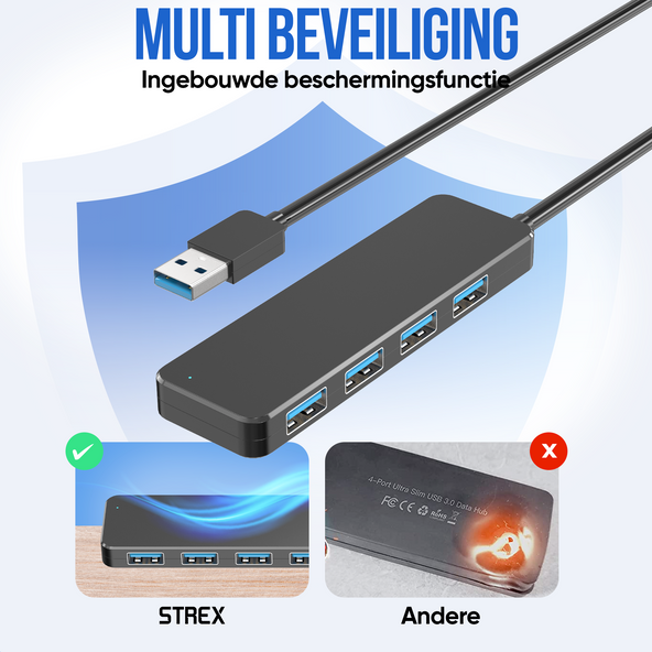 Strex USB 3.0 Hub - 4-Port USB Splitter - 5Gbps - Inklusive USB-C Adapter - 35 cm Kabel - Schwarz