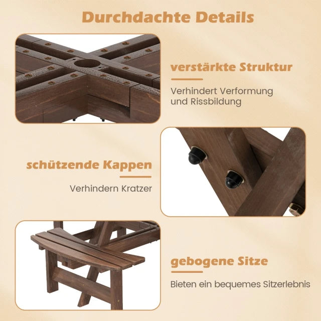 Coast Picknicktisch-Set – 166,5 × 166,5 × 76 cm – für 8 Personen – Holz – Sonnenschirmloch – Braun