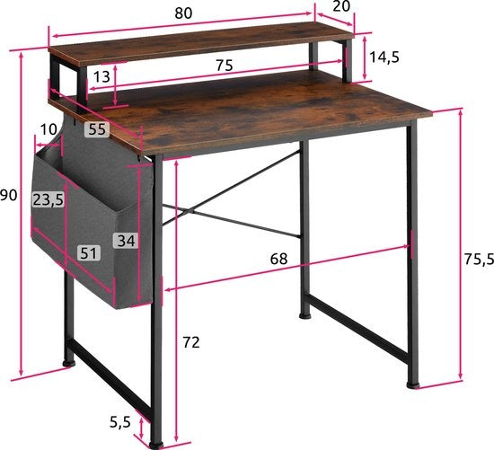 tectake - Everett Schreibtisch - 80 cm breit - mit Ablage und Organizer - Computertisch - dunkelbraun - 404662