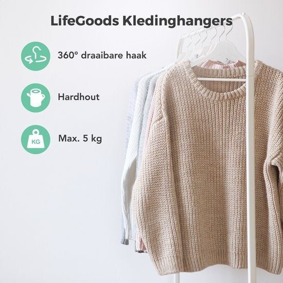 LifeGoods Kleiderbügel - Mit Hosenstange - Hartholz - Weiß - 20 Stück