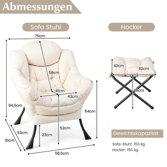 Coast Sessel - Mit Fußstütze, Armlehnen & praktischer Seitentasche - 75 x 81 x 94,5 cm - Beige