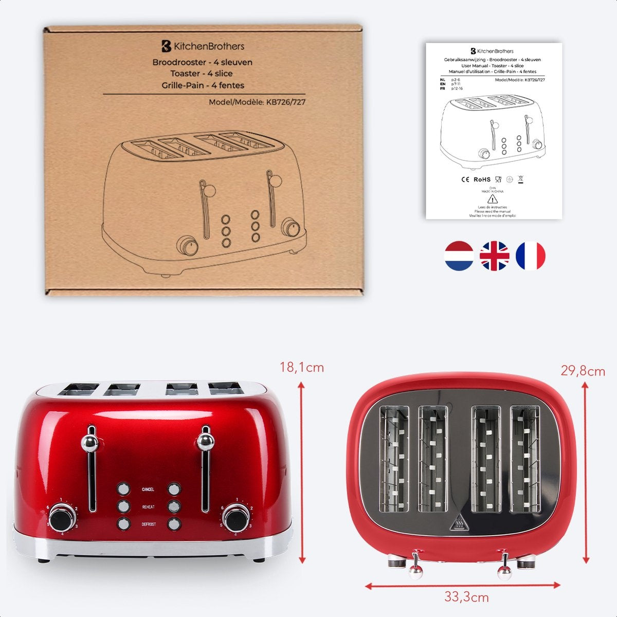 KitchenBrothers Retro-Toaster - 6 Heizstufen - 4 extra breite Schlitze - 1630W - Aufwärm- und Auftaufunktion - Rot