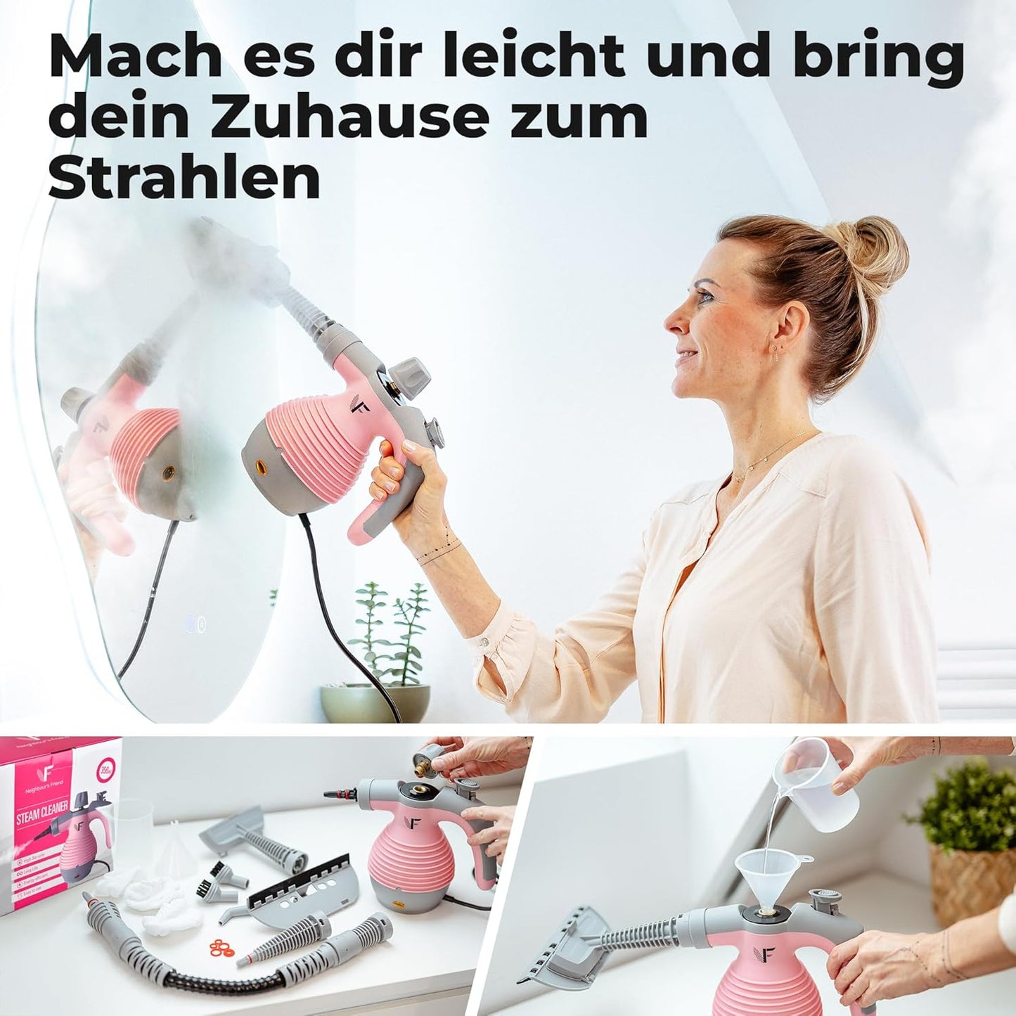 Neighbour's Friend Leistungsstarker Handdampfreiniger - 350ml Tank, Dampfregulierung & Aufsätzen - Rosa