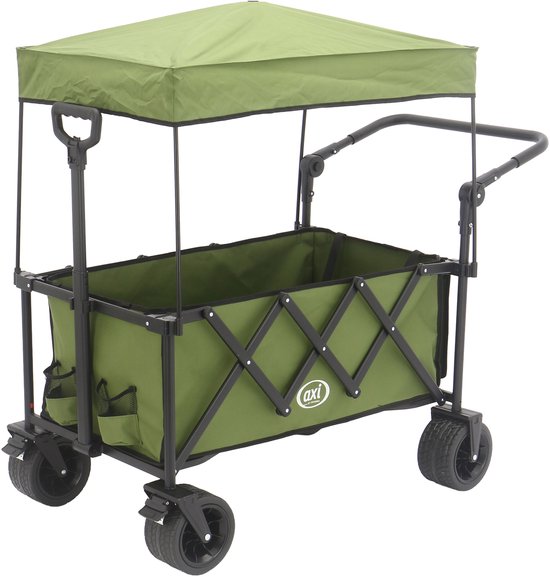 AXI SB221 Zusammenklappbarer Handwagen mit Dach – Grün – Mit Zugstange, Bremsen und Schutzhülle – 100 kg Tragkraft – Leicht zu transportieren – Metall