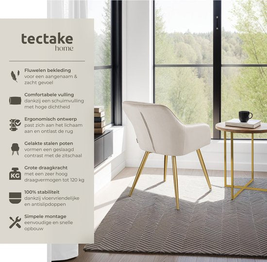 tectake® Marilyn Esszimmerstuhl - Mit Armlehnen - Eleganter Stuhl mit gepolstertem Samtsitz - Gepolstert - Goldene Metallbeine - Ergonomischer Küchenstuhl - Stuhl für Wohnzimmer, Esszimmer und Schlafzimmer - Taupe