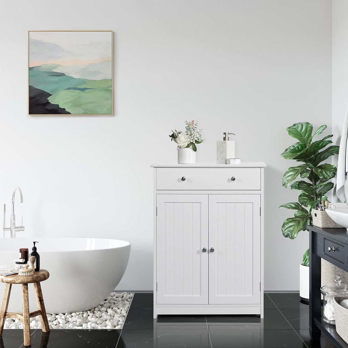 Yaheetech Badezimmerschrank 60 x 30 x 80 cm – Weiß – 2 Türen – Große Schublade – Verstellbare Einlegeböden