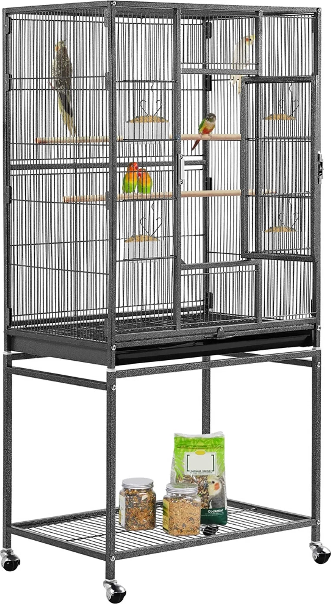 Yaheetech Vogelkäfig mit mobilem Sockel - mit herausnehmbarer Schublade und extra Ablagefläche und 4 Futterstellen - für Sittiche, Finken und Kanarienvögel - schwarz pulverbeschichtetes Metall - 61 x 43 x 136 cm