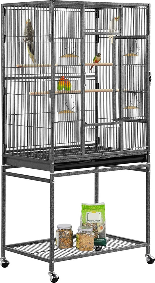 Yaheetech Vogelkäfig mit mobilem Sockel - mit herausnehmbarer Schublade und extra Ablagefläche und 4 Futterstellen - für Sittiche, Finken und Kanarienvögel - schwarz pulverbeschichtetes Metall - 61 x 43 x 136 cm