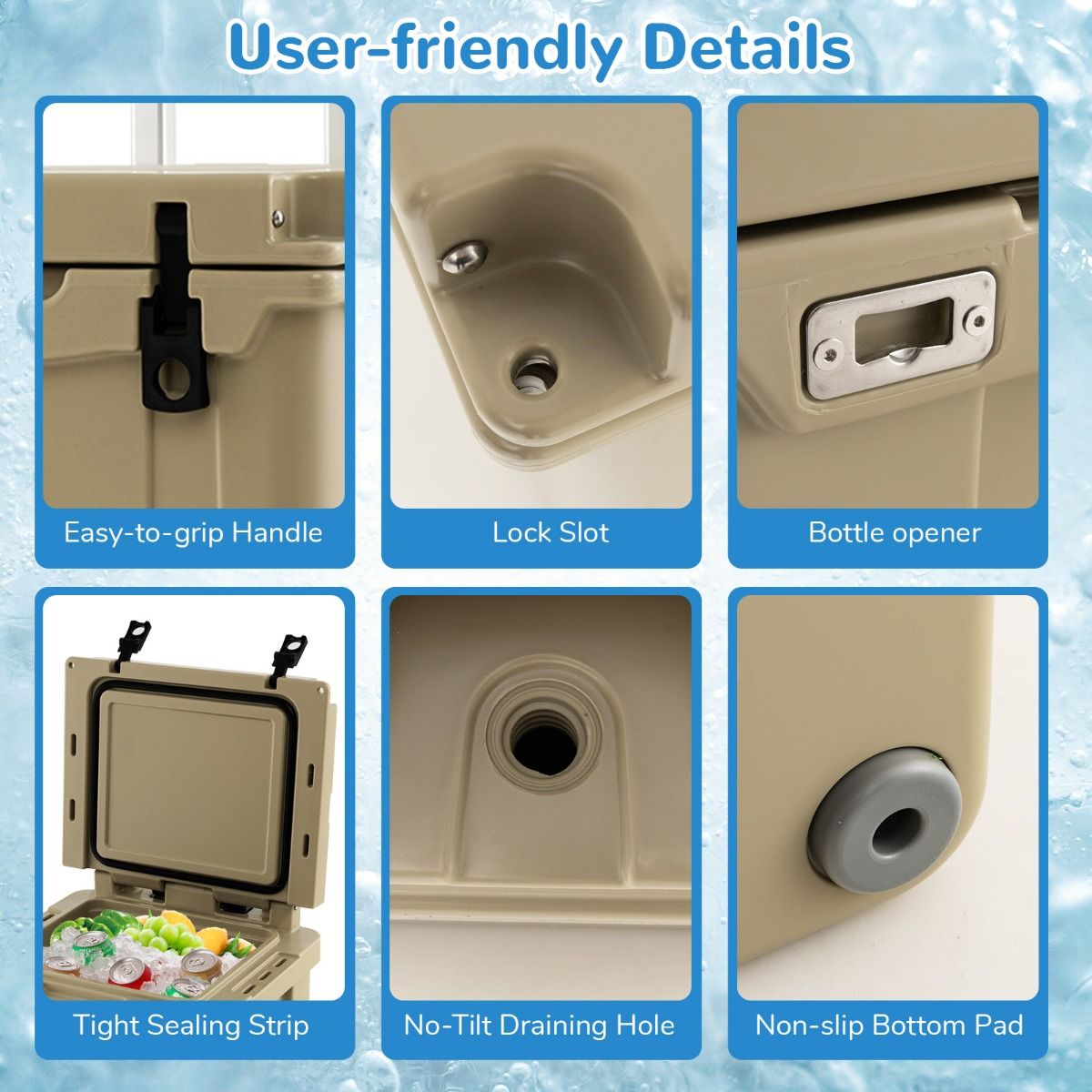 Coast Tragbare Kühlbox auf Rädern 43L - Kaffee - 53x49x53-108 cm - Isothermisch mit Aluminium-Ziehgriff und Flaschenöffner