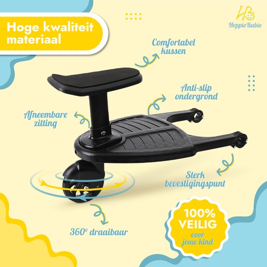 HeppieBabie Mitfahrbrett - Mit Sitz und Getränkehalter - Maße beachten! - Für Kinderwagen oder Buggy - Buggy Board