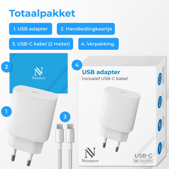 Nuvance USB-C-Adapter – 30-W-Schnellladegerät – inkl. 2 m langem 60-W-Kabel – USB-C – Ladegerät – USB-C auf USB-C – Ladekabel – Weiß