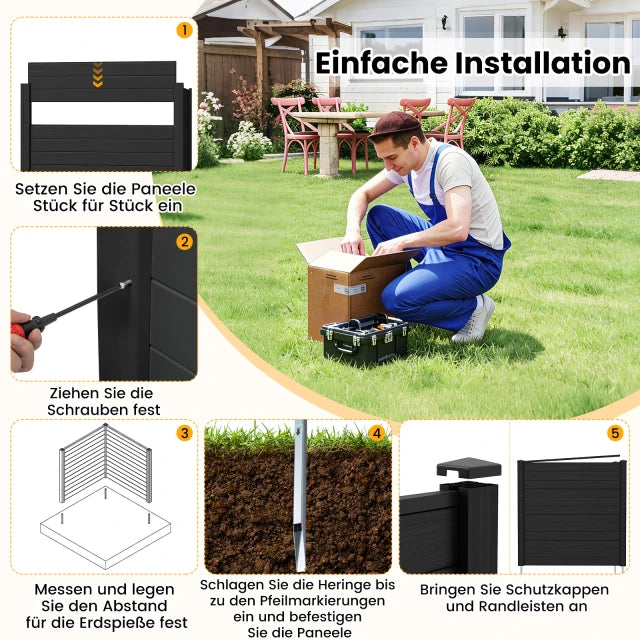 Coast Privacy Screen Schwarz - 2-teiliges Zaunpaneel für den Außenbereich mit Metallgrundpfosten - 123 x 123 cm