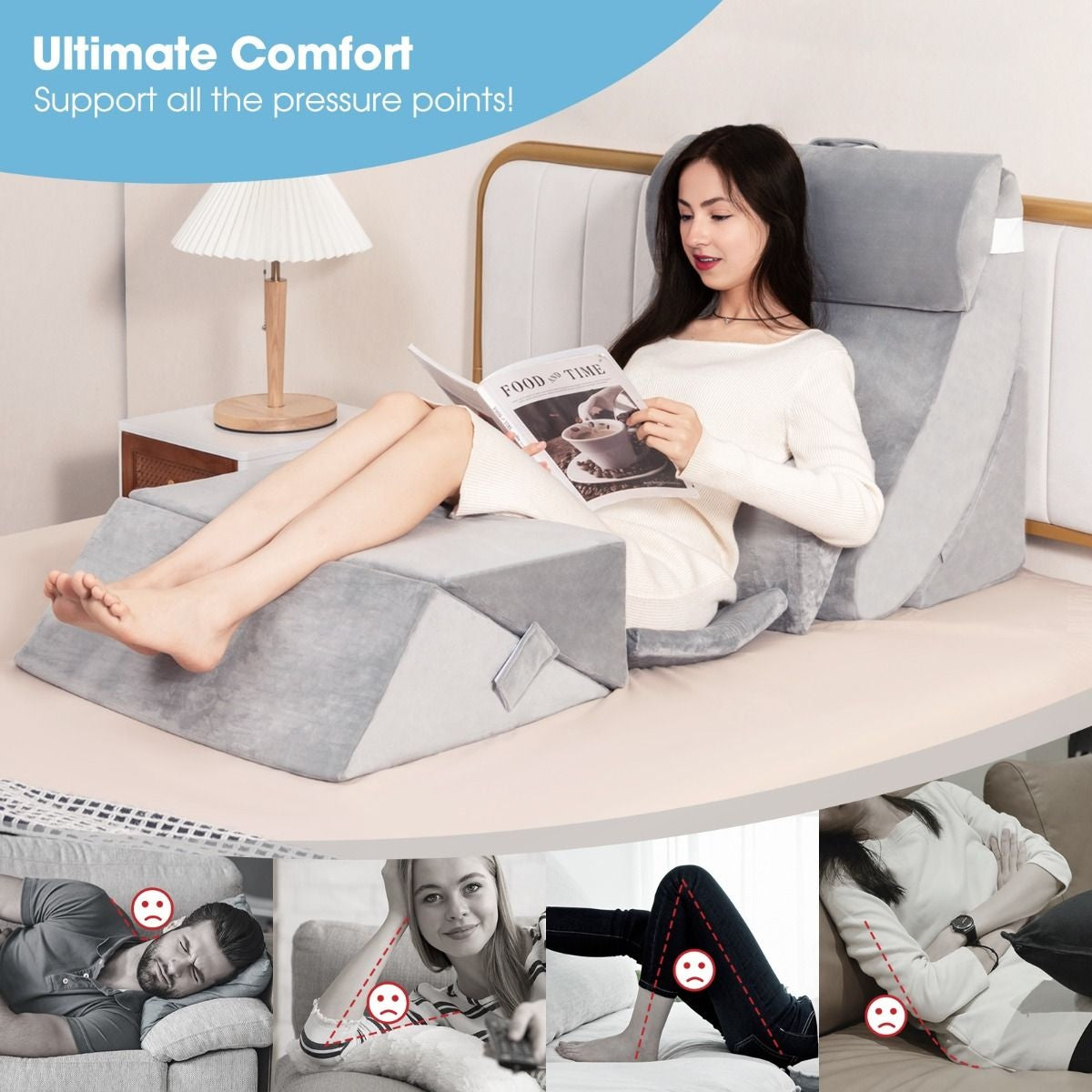 Coast 7er-Set Memory Foam Lesekissen / Orthopädische Kissen / Waschbarer Bezug / Ergonomisch / Grau