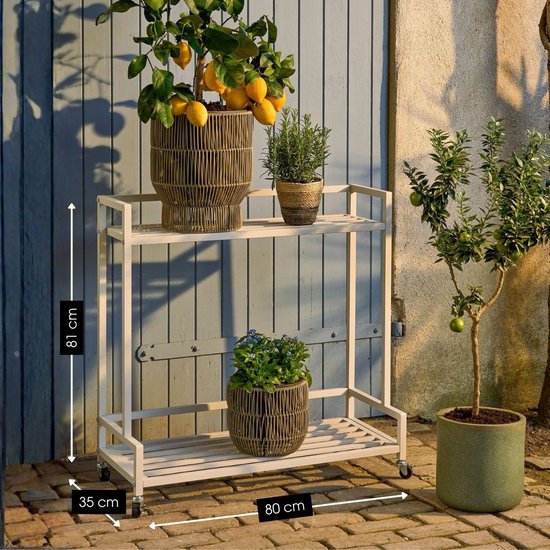 Mica Decorations Greenrax Pflanzenregal auf Rädern – Pflanzenständer für Zimmerpflanzen, Außenpflanzen oder Gartengeräte – Mehrere Ablagen, Pflanzenuntersetzer – 80 x 35 x 81 cm – Eisen – Off-White