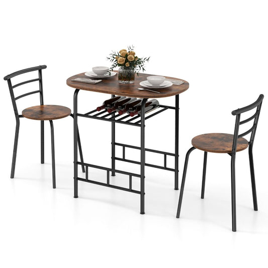 Coast Küchentisch und Stuhl Set für 2 Personen - Ovaler Tisch 80x53x77 cm mit 2 Stühlen, Weinregal, MDF und Metall, Braun/Schwarz