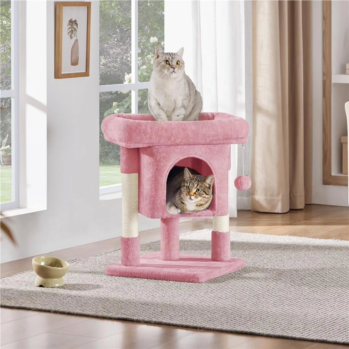 Yaheetech Kratzbaum mit Hängematte - ausgestattet mit gemütlicher Katzenhöhle und zwei Sisalpfosten und weichem Liegeplatz - für Kätzchen und kleine Katzen - hellrosa Plüsch und Sisal - 40,5 x 40,5 x 59 cm