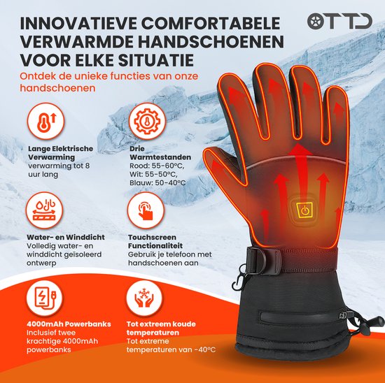 TTD® Beheizte Handschuhe Wiederaufladbar - Größe XL - Elektrische Handschuhe mit Heizung - Beheizte Fäustlinge - Batteriebeheizte Handschuhe Männer und Frauen - Unisex