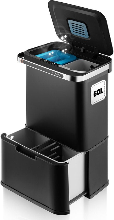 Hom&Com Mülleimer mit 3 Fächern, 60 l, schwarz – Automatischer Mülleimer mit Sensor – Soft-Close-Deckel, Ozonfunktion und Geruchsfilter für die Mülltrennung
