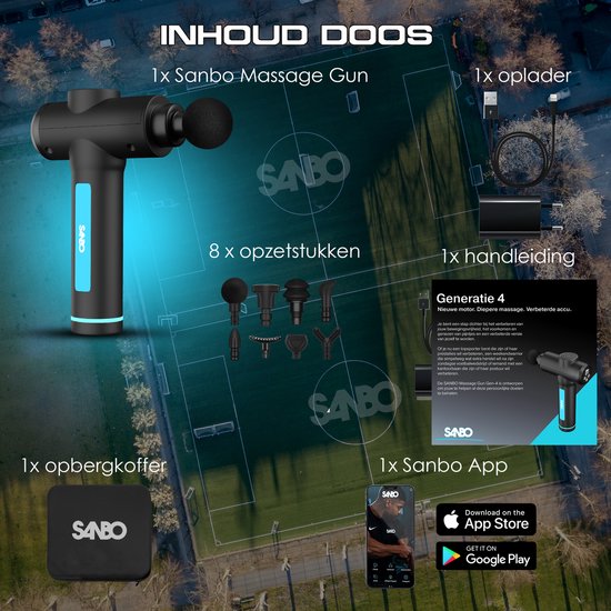 Sanbo Massage Gun - Generation 4 - Mit 8 Aufsätzen und 30 Stufen - In Zusammenarbeit mit Physiotherapeuten - Professionell - Sport- und Entspannungsmassagegerät - Massage Gun