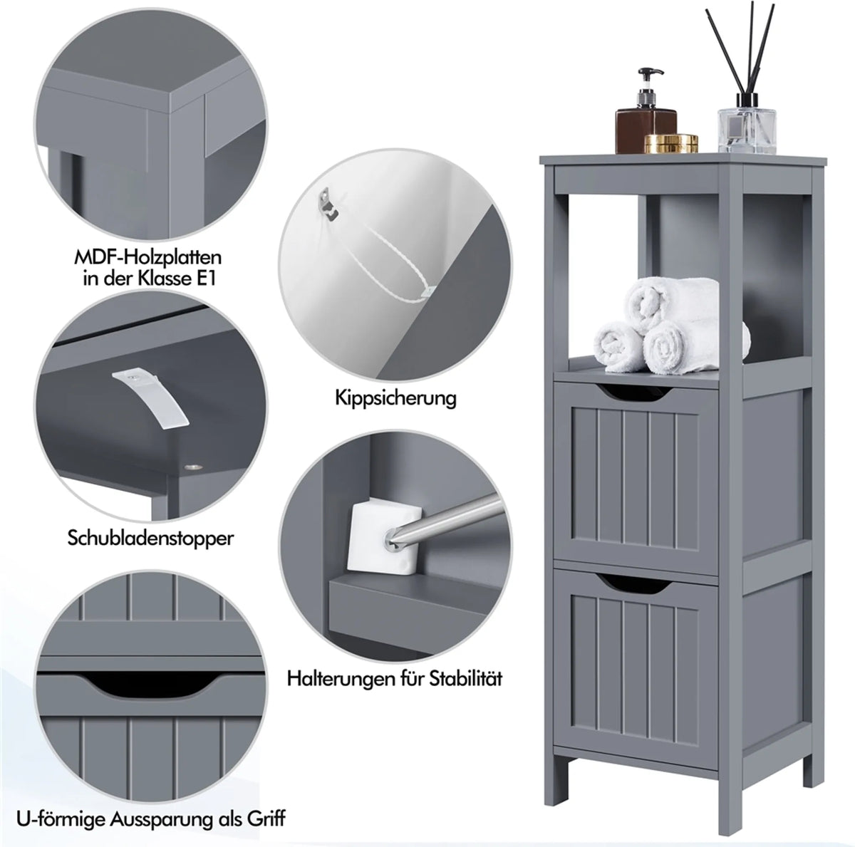 Yaheetech Platzsparender Badezimmerschrank & Aufbewahrungsschrank mit 2 herausnehmbaren Schubladen, 89 cm hoch – Dunkelgrau – MDF