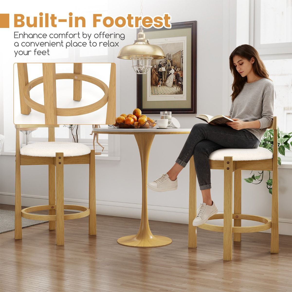 Coast Barhocker, 2er-Set – mit Rückenlehne und Fußstütze – Sitzfläche aus Teddy-Velours – Sitzhöhe 62 cm – Natur und Beige