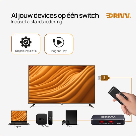 Drivv. HDMI Umschalter 4K 60Hz - 5 Eingänge 1 Ausgang - Inklusive Fernbedienung - Automatische Umschaltung - Unterstützt 720p/1080p/4K/3D - Schwarz
