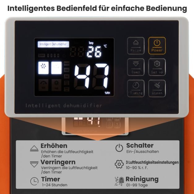 Coast Construction Dryer Orange - Industrieller Luftentfeuchter 60L pro Tag mit Ablassschlauch und 24-Stunden-Timer - 49 x 31,5 x 32 cm