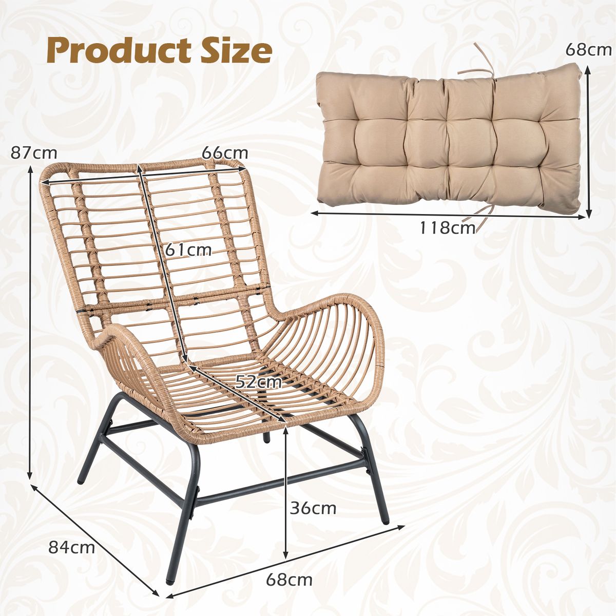 Coast Rotan Gartenstuhl – ergonomisches Design – inklusive dickem Kissen – beige – 1 Stück