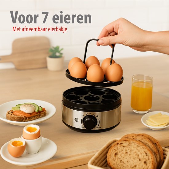 alpina Elektrischer Eierkocher 400 W – Eierkocher mit Timer für 7 Eier – Eierkocher mit Messbecher und Eieraufstecher – Aus Edelstahl mit abnehmbarem Eiergestell – Transparenter Deckel