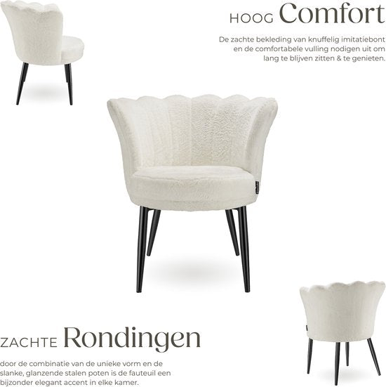 tectake® Sessel Stella - Sessel mit Armlehne - Bequemer Esszimmerstuhl - Küchenstuhl - Dick gepolstert - Für Wohnzimmer und Esszimmer - Mit Kunstfellbezug - creme/schwarz