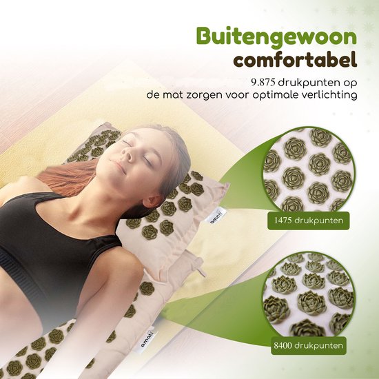 Amati Blue Lotus Nail Mat - mit Kissen - Massage Roller & Ball - Akupressur Matte - Shakti Mat - Beige