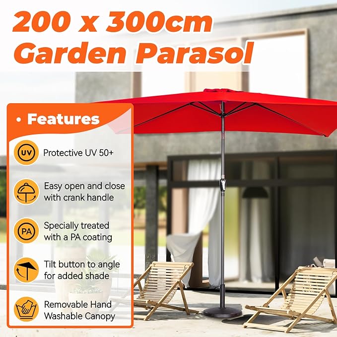 Angel Living Garten Sonnenschirm - 2 x 3 m - Aluminium - Neigbar - Rot