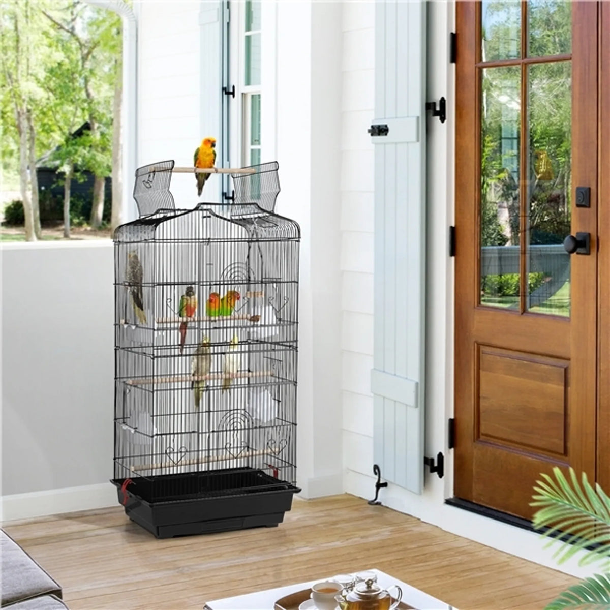 Yaheetech Geräumiger Vogelkäfig mit offenem Dach und Schaukel 46 x 35 x 104,5 cm – Klassisches Schwarz – Metall